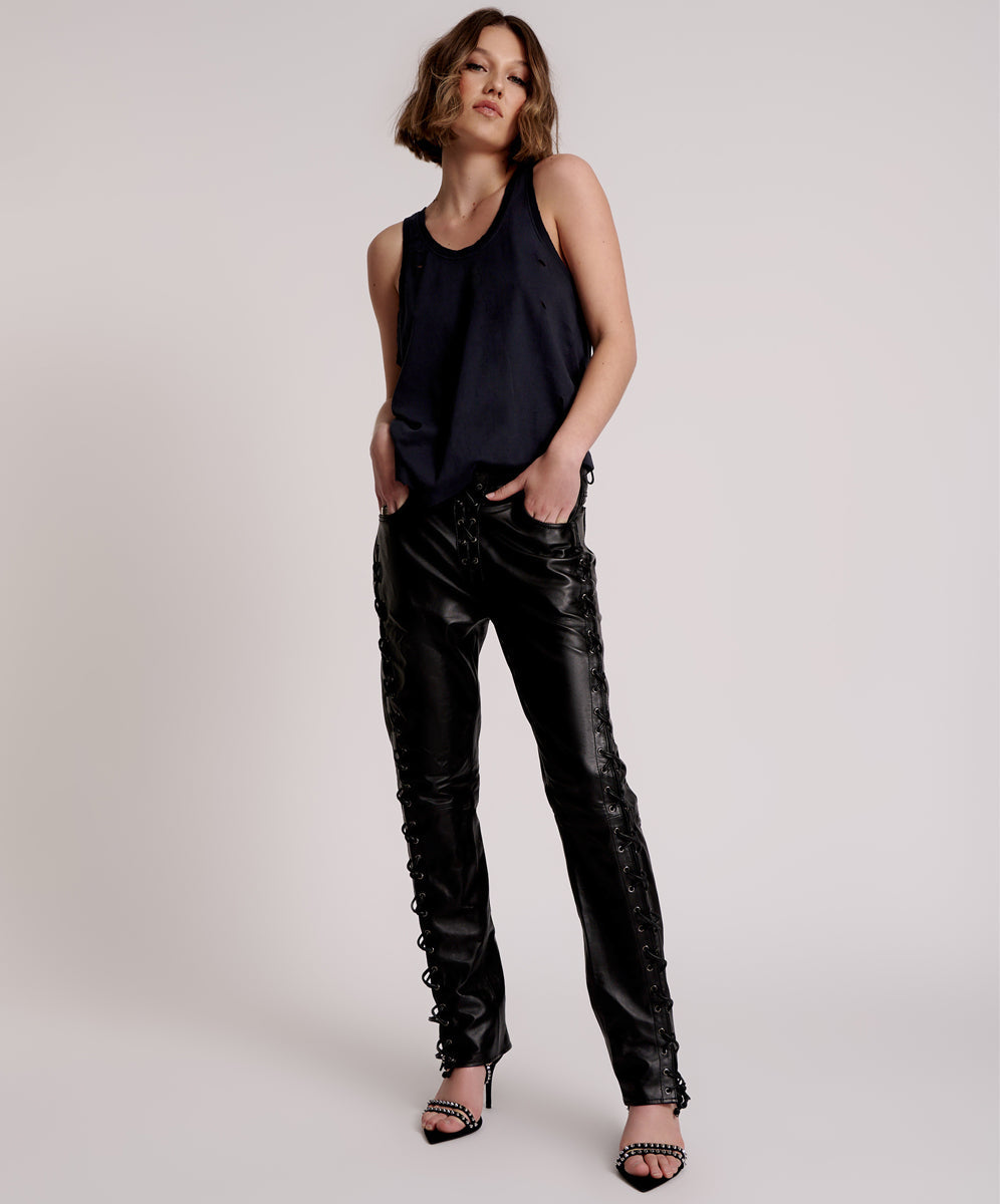 Unravel Mid Rise Leather Lace up Pants women - Glamood Outlet